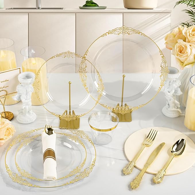 Bestluck 350PCS Clear Gold Rim Disposable Dinnerware - Image 4