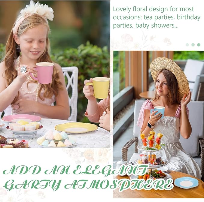 Umigy 36 Sets Pastel Tea Party Decorations 6.5 oz Paper Teacups & Saucer Set - Image 6