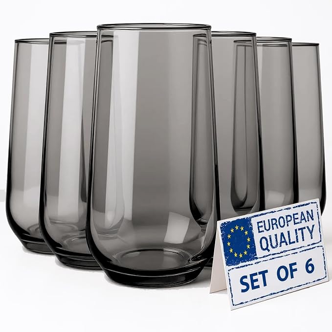 Grey Drinking Glasses Set of 6 | Translucent Black Glassware | 16 oz Smoked by Biandeco