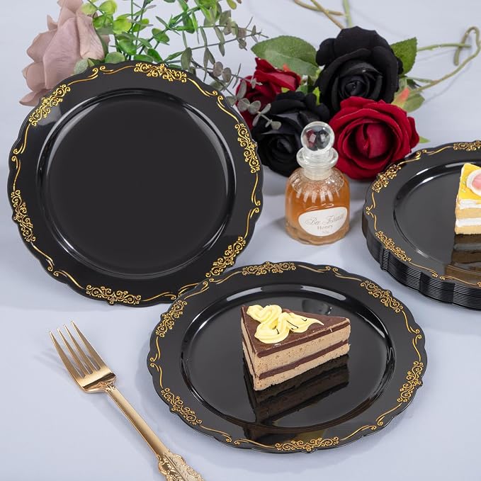 DaYammi 60PCS Black and Gold Plastic Plates, Heavy Duty Black and Gold - Image 6