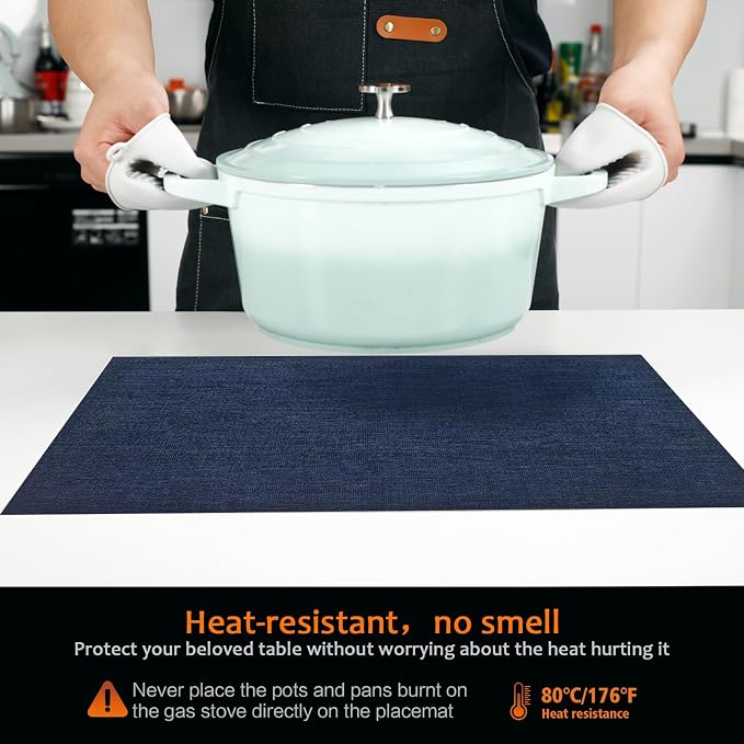 Navy Blue Vinyl Placemats Set of 12, Heat Resistant Table Placemats | 18x12 - Image 3