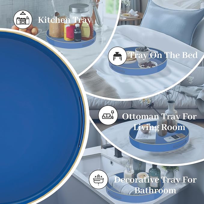 13" Blue Decorative Tray, Plastic Round Serving Tray - Image 7