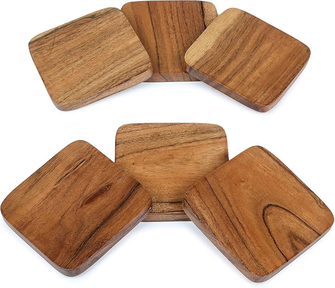 Acacia Wood Coasters with Iron Holder Stand - Image 8