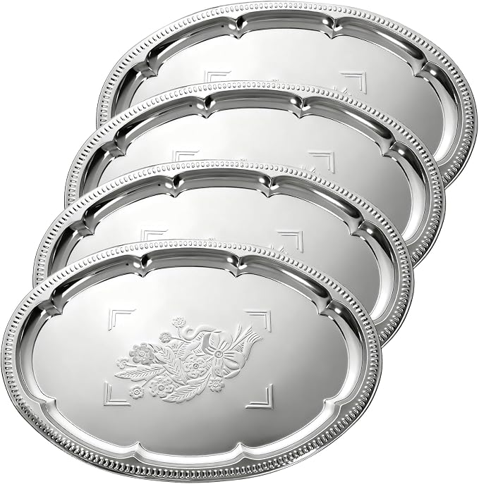 4 Pcs Large Silver Serving Trays, 15.7" x 11.8" Stainless Steel Oval Serving by Unknown