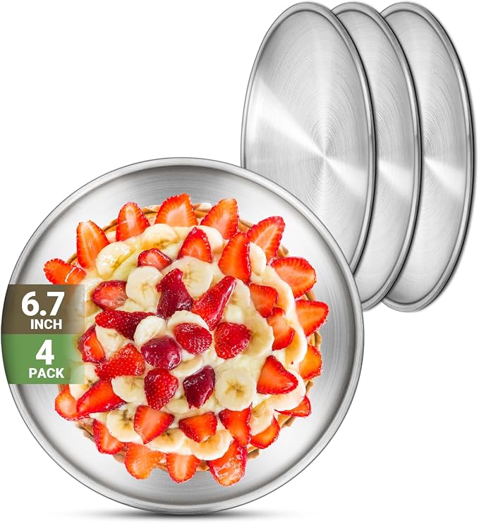 Stainless Steel Plates, 4 Set 6.7 inch 304 Metal Food Serving Plate, Reusable by Offiper