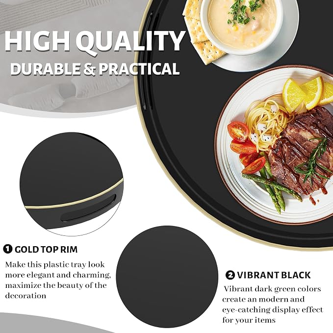 13" Black Decorative Tray, Plastic Round Serving Tray - Image 3