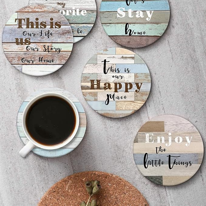 Coasters for Drinks, Ceramic Stone Wood Farmhouse | Absorbent Round Table Mat - Image 4