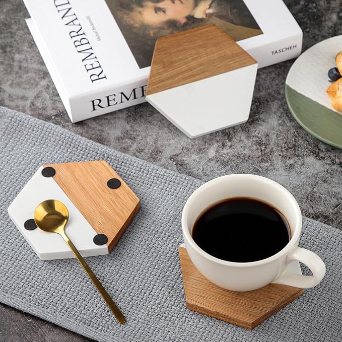 WLWNWFT Wood Marble Coasters for Drinks, Modern Rustic Acacia Hexagon Coaster - Image 3