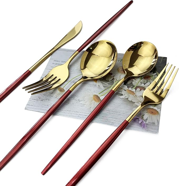 Red Gold Silverware Set, JASHII 30-Piece Stainless Steel Satin Finish Flatware - Image 4