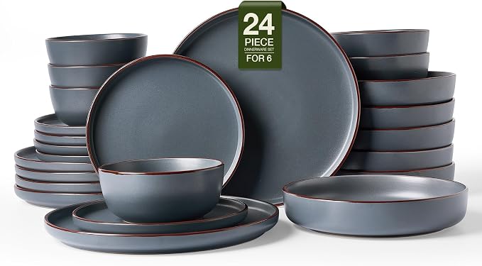 Famiware Mercury 24-Piece Stoneware Plates and Bowls, Charcoal | Dinnerware Set by Famiware
