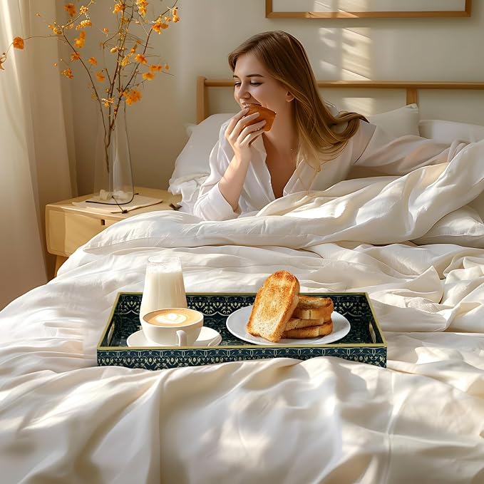 Plastic Serving Tray with Handles, Rectangle Boho Tray, Dark Green | Coffee - Image 6