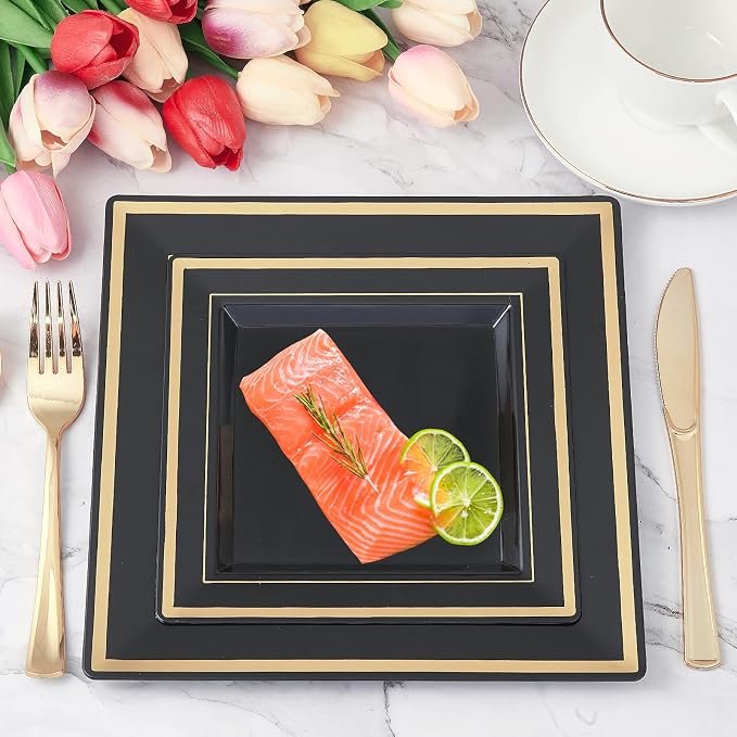 25 Guests Plastic Plates Set Gold Disposable Dinnerware Set | Include 25 Pc 10" - Image 6