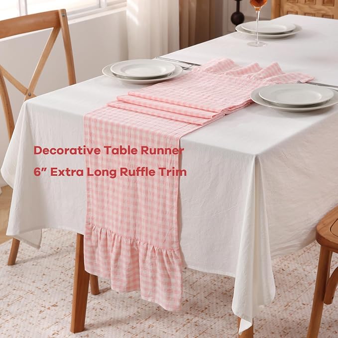 Peachy Blush White Plaid Gingham Ruffle Table Runner 90 inches Long 100% Washed - Image 3