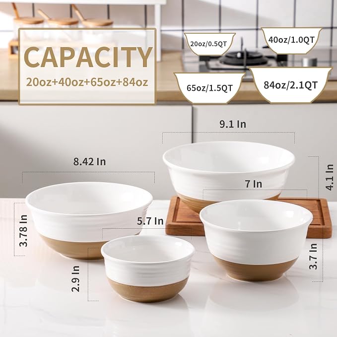 HASENSE Ceramic Serving Bowls Set of 4, 2.1/1.5/1.0/0.5 Qt White & Terracotta - Image 3