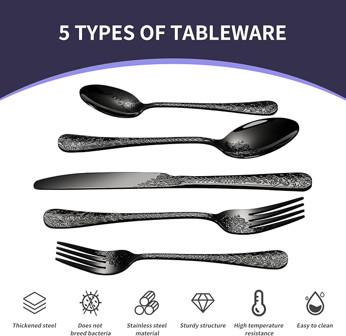 20 Pcs Black Silverware Set for 4, Food Grade Stainless Steel Flatware Set - Image 2