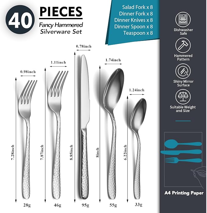 Hammered Silverware Set, EIUBUIE 40-Piece Stainless Steel Flatware Set - Image 2
