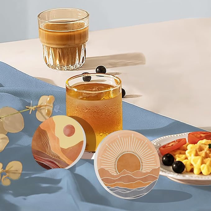 6 Pcs Coasters for Drinks with Holder, Boho Mountain Sun Absorbent Ceramic - Image 7
