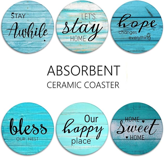 Coasters for Drinks, Ceramic Stone, Teal Blue | Beach Wood Antique Absorbent - Image 6