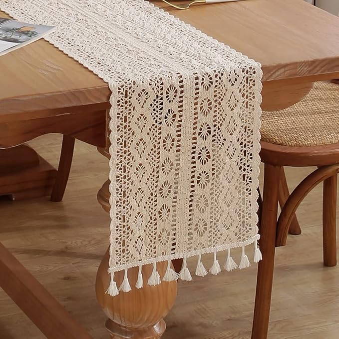 meioro Crochet Lace Table Runner, 12x64 Inch Boho Cotton Table Runners by meioro