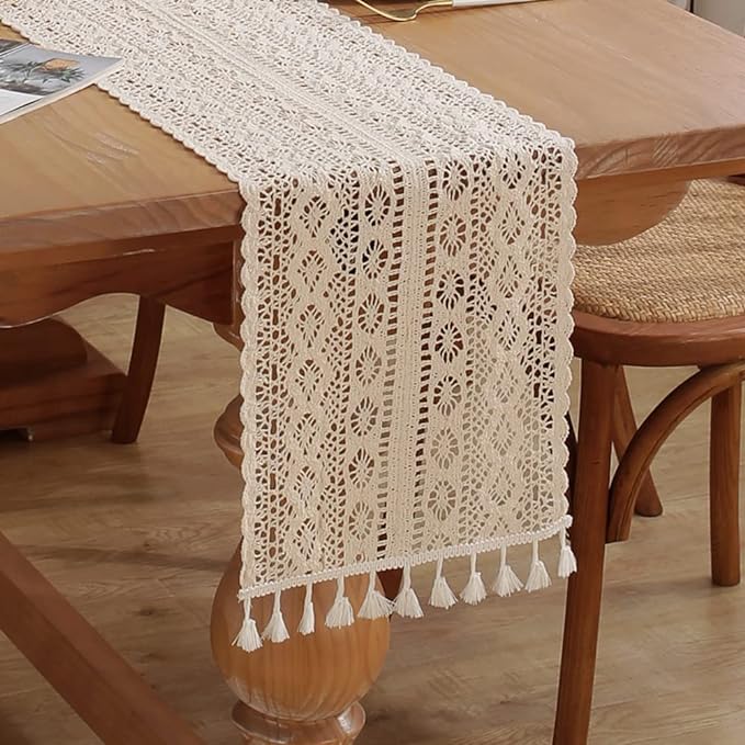 meioro Crochet Lace Table Runner, 12x94 Inch Boho Cotton Table Runners by meioro