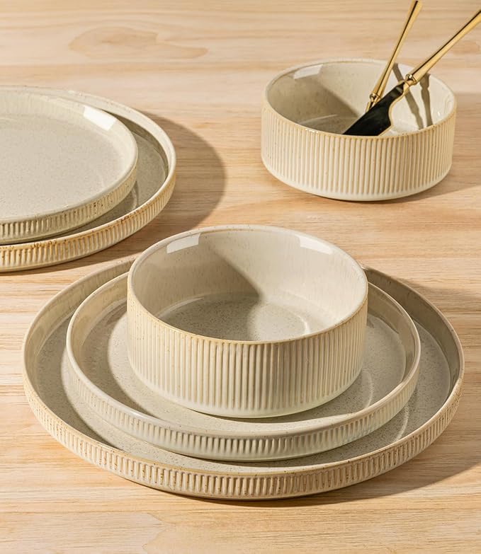 Ceramic Dinnerware Set for 8, 24-Piece Plates and Bowls Set | Lightweight - Image 4