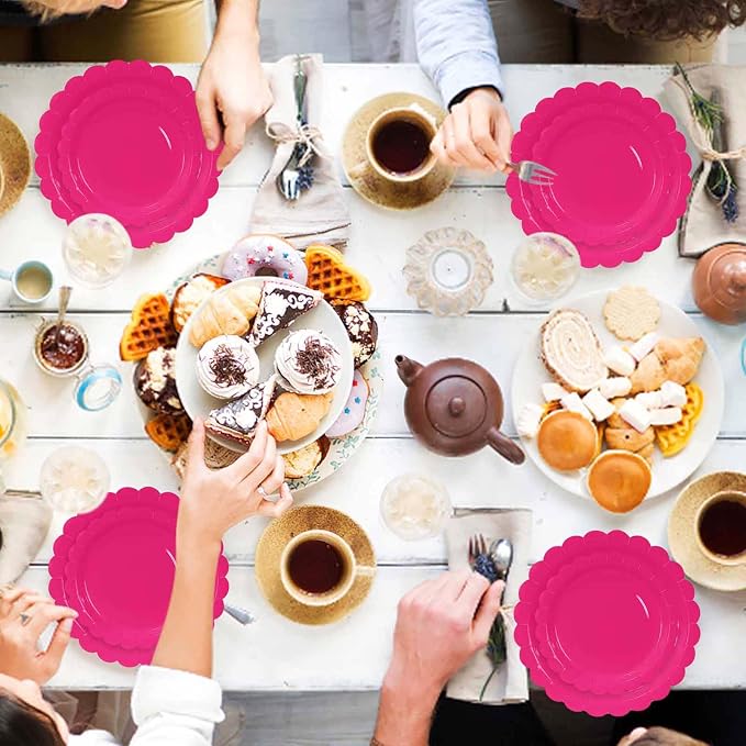 50 Pcs Hot Pink Scalloped Paper Plates 25 × 7'' and 25 × 9'' Disposable Hot - Image 2