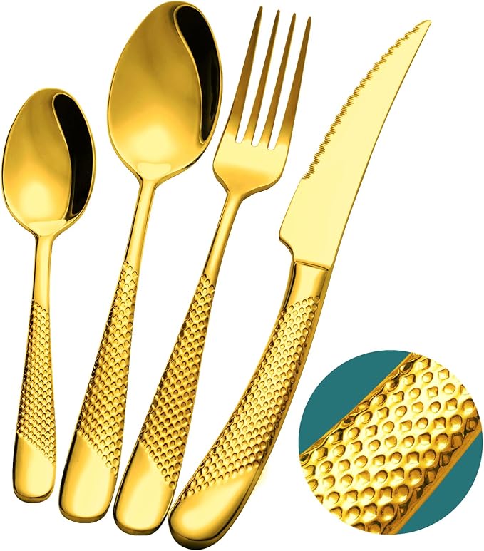 16-Piece Luxury Gold Hammered 18/10 Stainless Steel Silverware Set | Ultra by Xideman