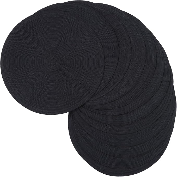 SHACOS Black Round Placemats Set of 12 Heavy Cotton Polyester Woven Braided by SHACOS
