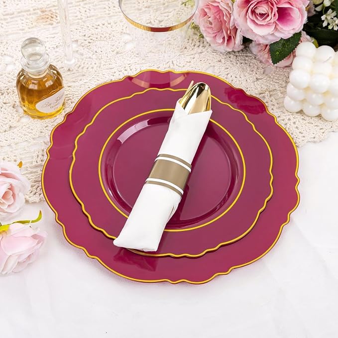 350PCS Red Plastic Plates-Disposable Burgundy Red and Gold Plates 50guest - Image 8