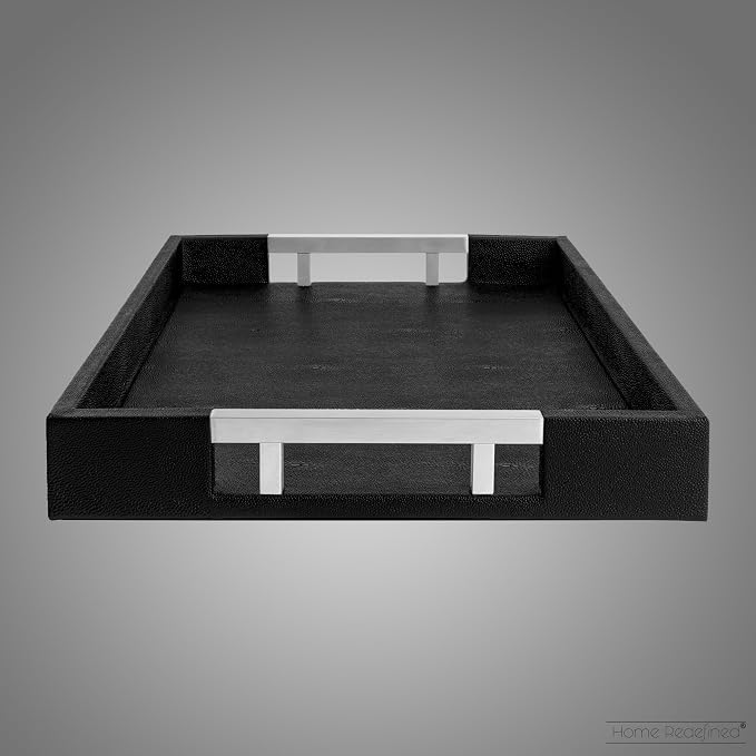 Modern Elegant 17.5"x12" Black Rectangle Shagreen Faux Leather Decorative Tray - Image 4