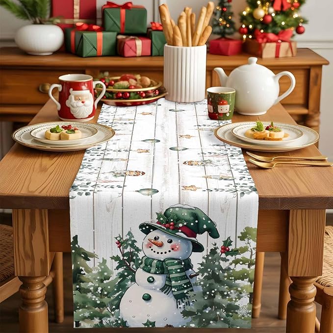 Christmas Snowman Table Runner 120 Inches Long, Xmas Trees Eucalyptus Leaves - Image 5