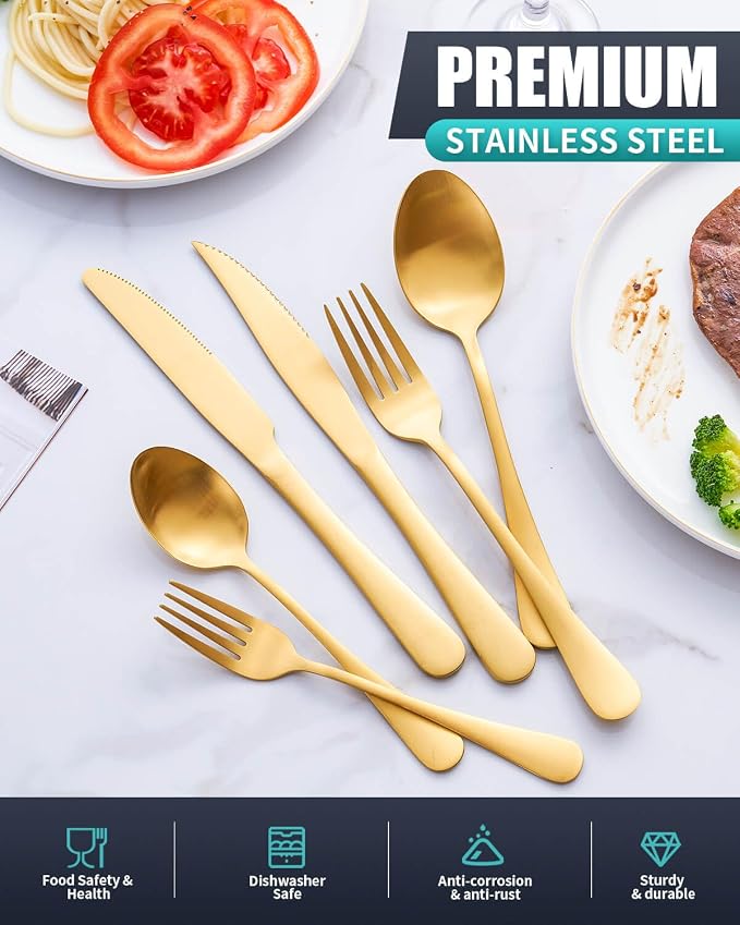 Matte Gold Silverware Set with Steak Knives, 24-Piece Stainless Steel Flatware - Image 3