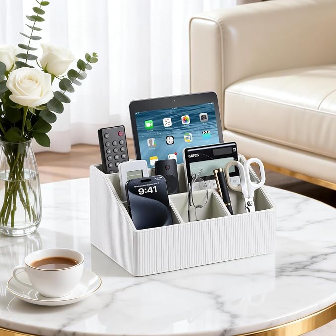 PU Leather Desk Organizer, Remote Control Holder, Ivory | Luxury Nightstand - Image 2