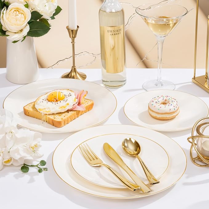 Nervure 100PCS Ivory and Gold Plastic Plates 10.25″ Disposable Dinner Plate | - Image 5