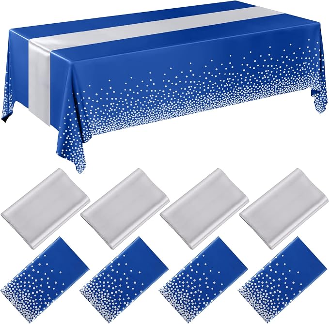 8 Pack Navy Blue and Silver Disposable Plastic Tablecloths and Satin Table by Breling