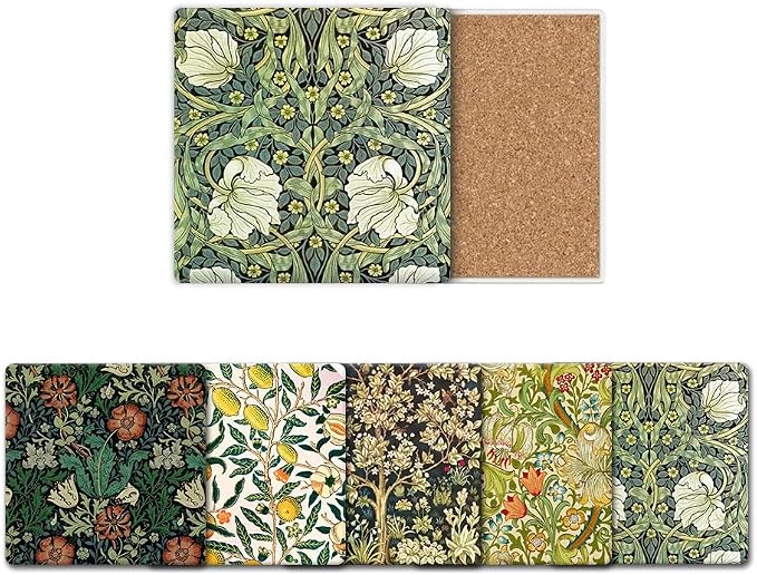 HUXJOKO Coasters for Drinks Set of 6, William Morris Floral Pattern Absorbent by HUXJOKO
