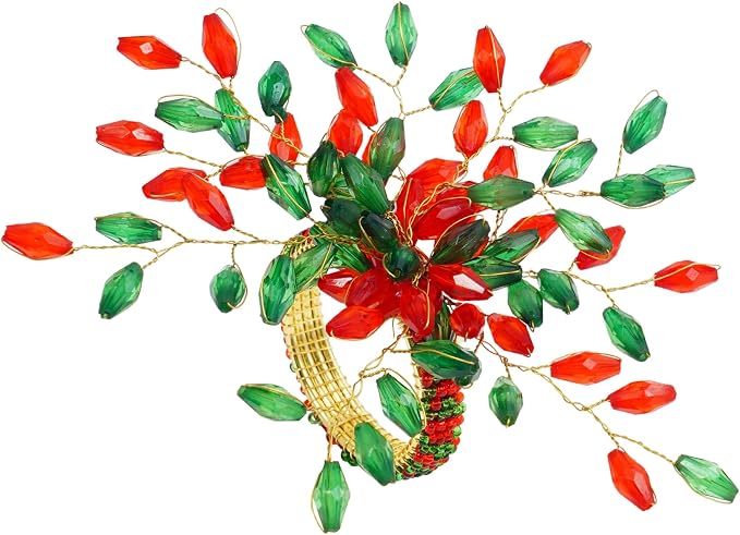 ITOS365 Handcrafted Beaded Napkin Rings Set of 12 – Red & Green Crystal Flower - Image 2