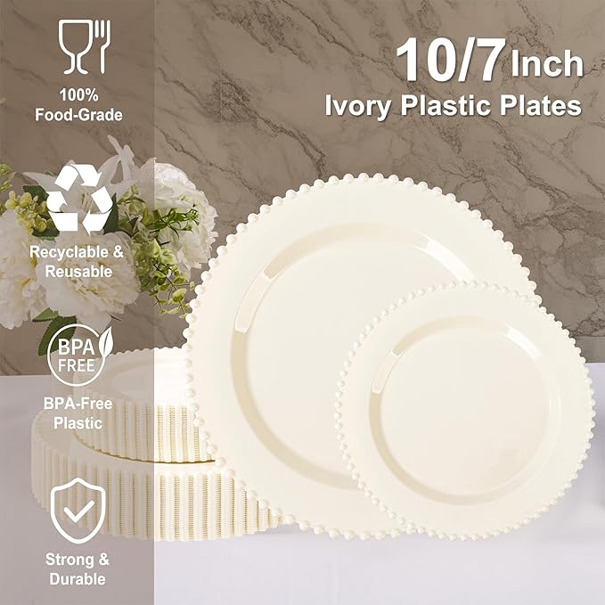 U-QE 60PCS Ivory Plastic Plates - Image 2