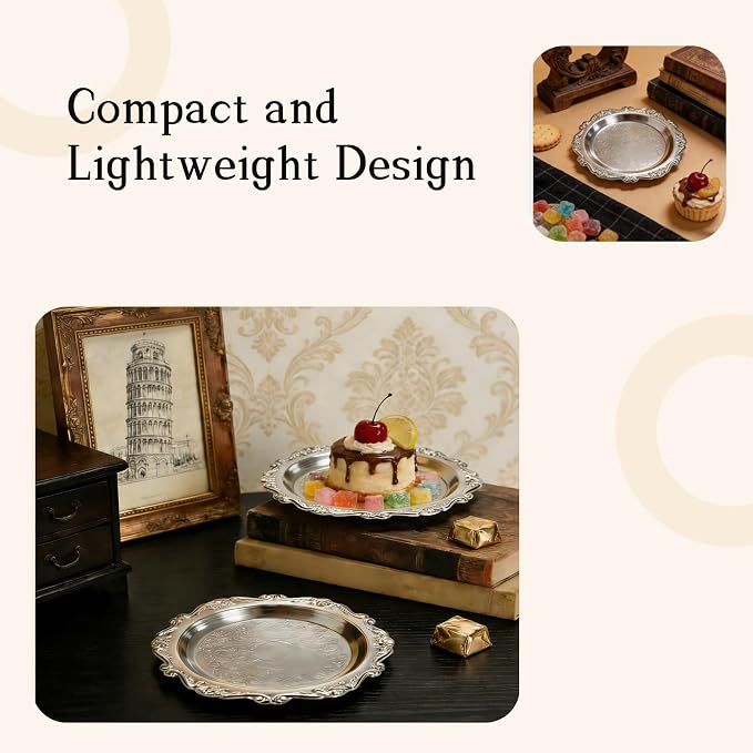 Round Silver Tray, Serving Platters, Vintage Metal Dessert Snack Platter - Image 4