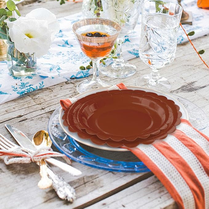 50 Pcs Brown Scalloped Paper Plates 25 × 7'' and 25 × 9'' Disposable Brown - Image 7