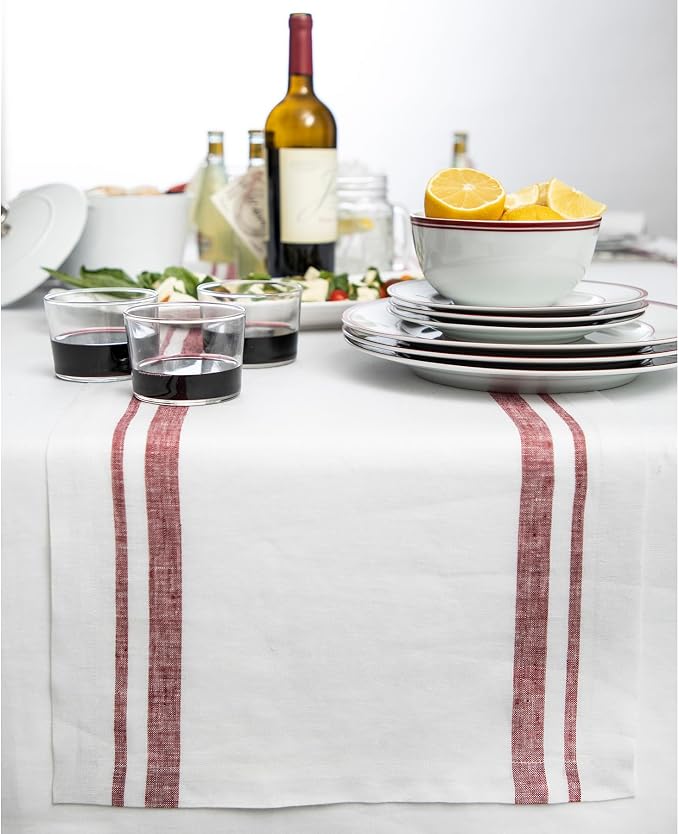 Solino Home 100% Linen Table Runner, 14 x 120 in, Burgundy and White Stripe | by SolinoHome