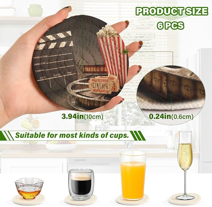 YETTASBIN Movie Theater Popcorn 6 Pcs Drink Coasters - Image 3