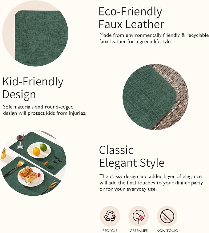 Maxpearl Faux Leather Placemats Set of 4, Dark Green | Waterproof - Image 9