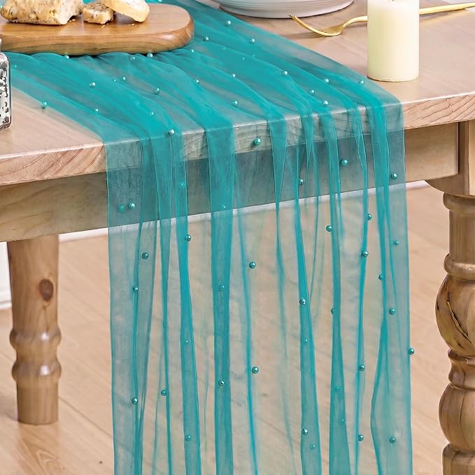 Artoid Mode Pearl Teal Gauze Table Runner 120 Inch 10FT, Seasonal Sheer Dining by ArtoidMode