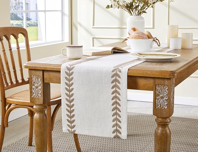 Wracra Embroidered Table Runner, Taupe Table Runners 48 Inches Long | Irregular - Image 5