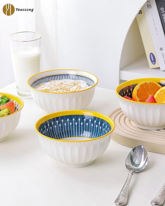Yeacccng Bohemian Cereal Bowls Set of 4, 27 Oz Ribbed Exterior Ceramic Bowls - Image 8