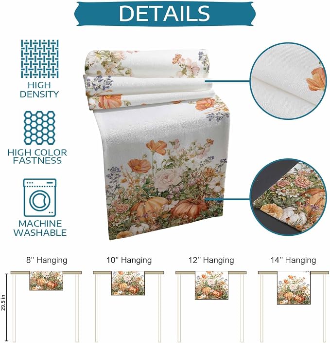 Fall Windflowers Pumpkin Table Runners 72 Inches Long, Cotton Linen Fabric - Image 6