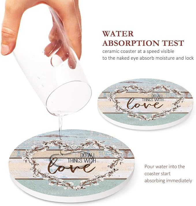 Coasters for Drinks, Ceramic Stone Vintage Blessed Love | Farmhouse Absorbent - Image 3