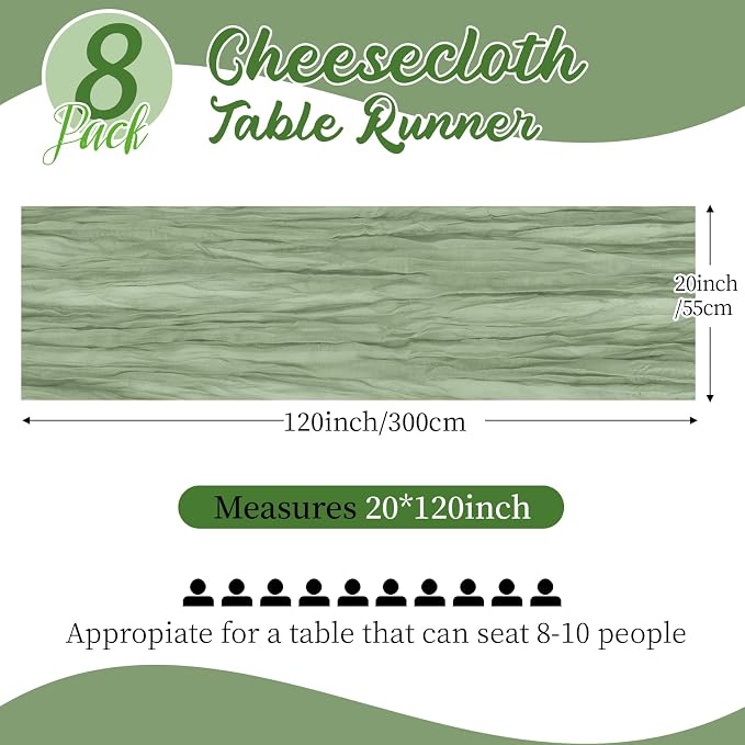 8 Pack Sage Green Cheesecloth Table Runners 20x120 Inch Gauze Table Runner - Image 2