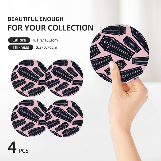 Coffin Creepy Horror Coasters Set of 4, Absorbent Ceramic Drink Coasters Cup Mat - Image 3